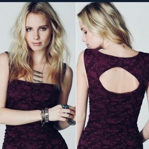 Free People Burgundy and Black Lace Mini Dress Ruched Sides Key Hole Back. Med